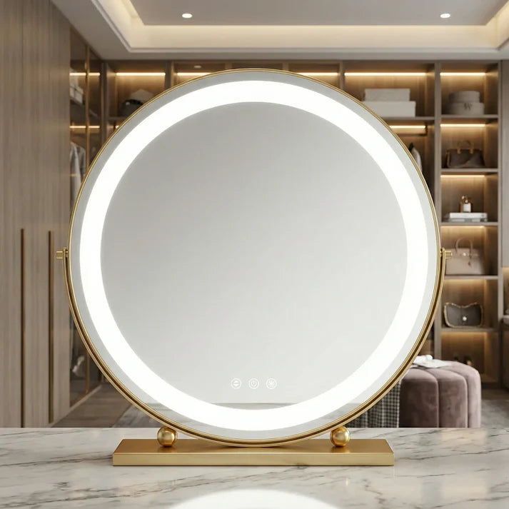 Schminkspiegel Gold rund 40cm Doppelrahmen LED