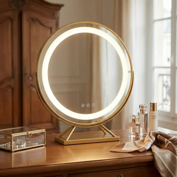 Runder LED Schminkspiegel Gold 40cm